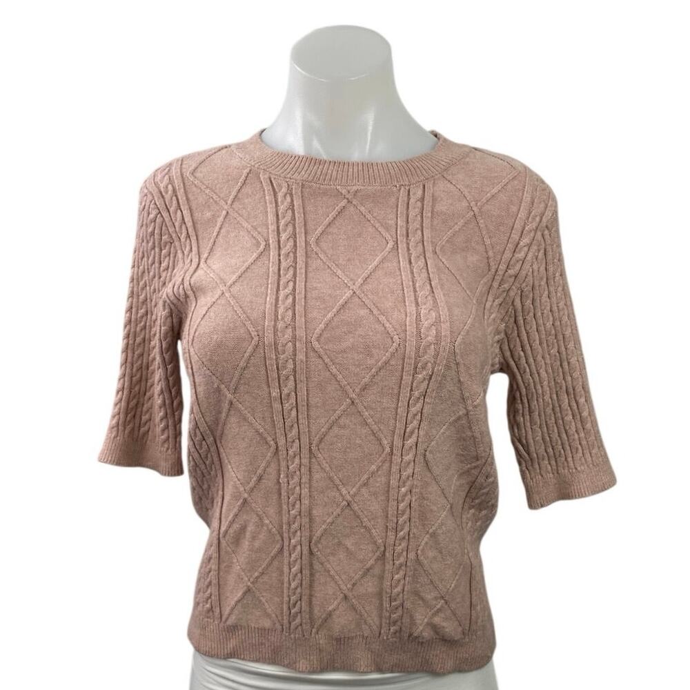 Philosophy Pink Short Sleeve Argyle Cable Knit Crew Neck Sweater Top Size L